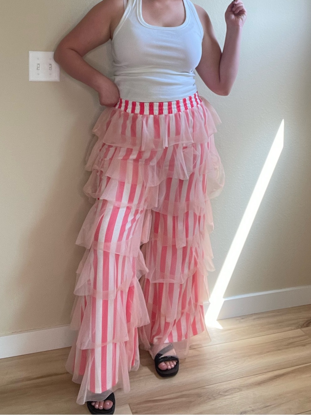 NWT Ruffled Pink Stripe Layered Pants
